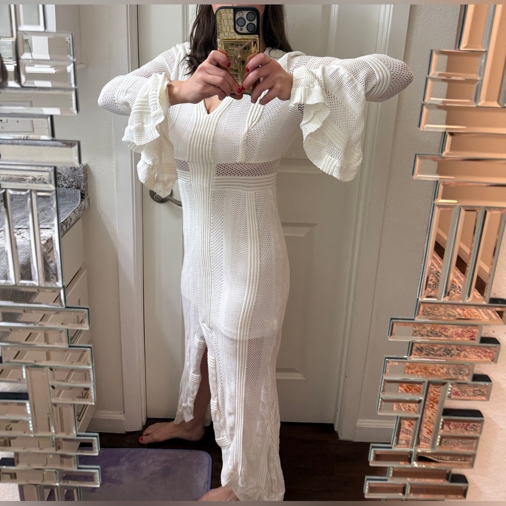 White Croche, Form-fitting, Long Dress. Size M. Bell-sleeves. Slit in front.